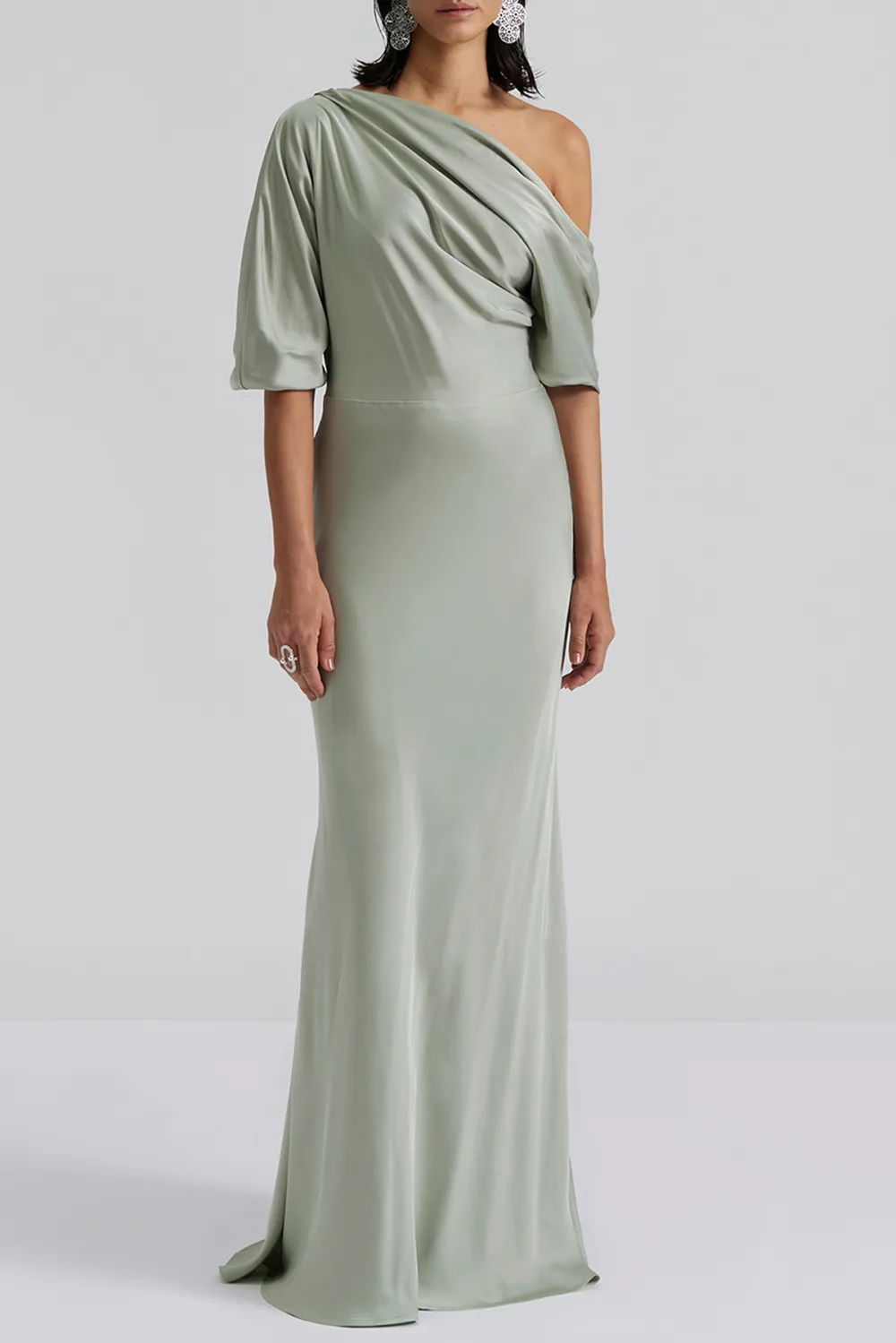 Asymmetrical Shoulder Satin Maxi Dress