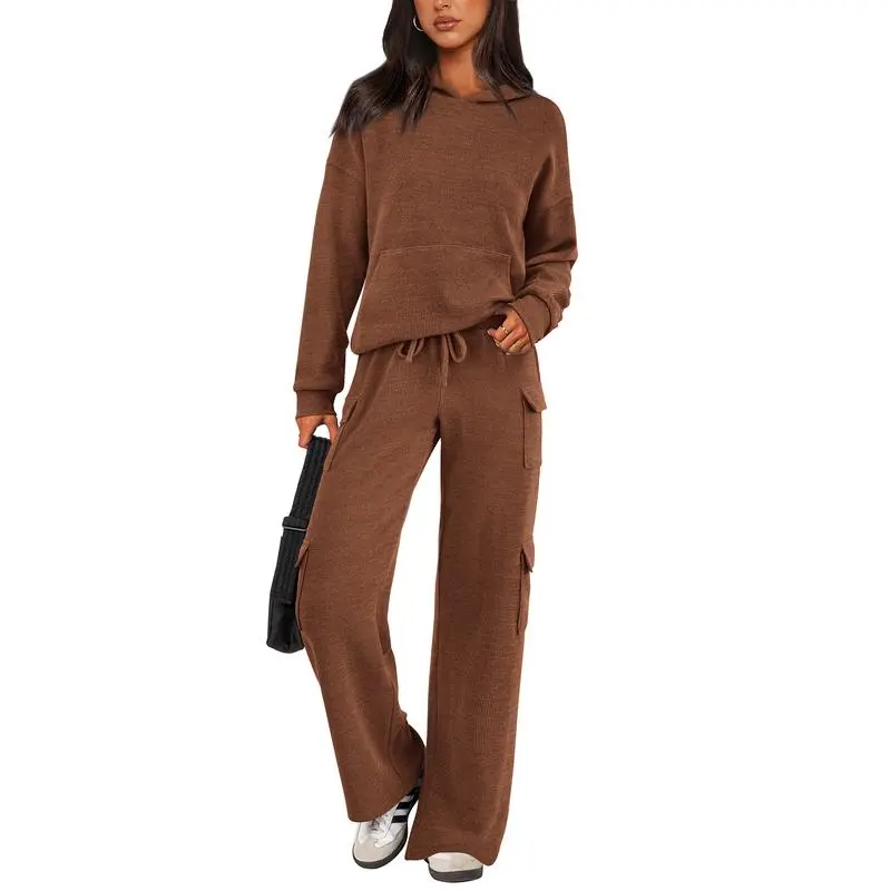 Womens Fall Outfit 2-Piece Knitted Sets Hoodie Tracksuits Wide Leg Pants With Pocket