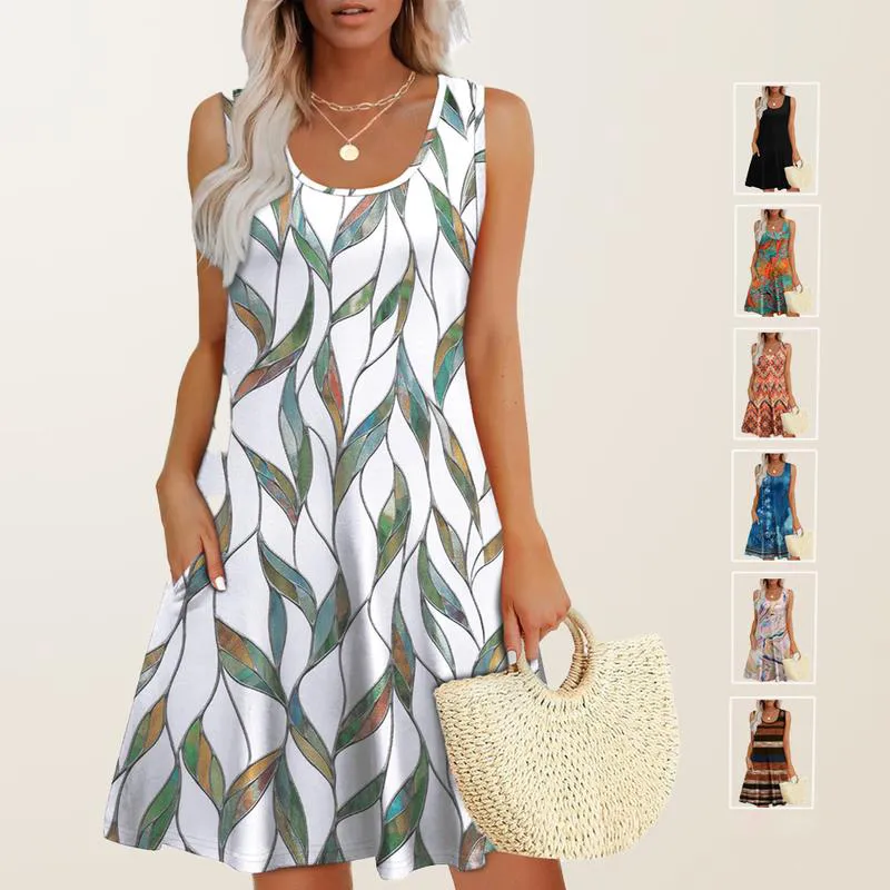Womens Summer Dresses Loose U Neck Sleeveless Sundresses Dress with Pockets