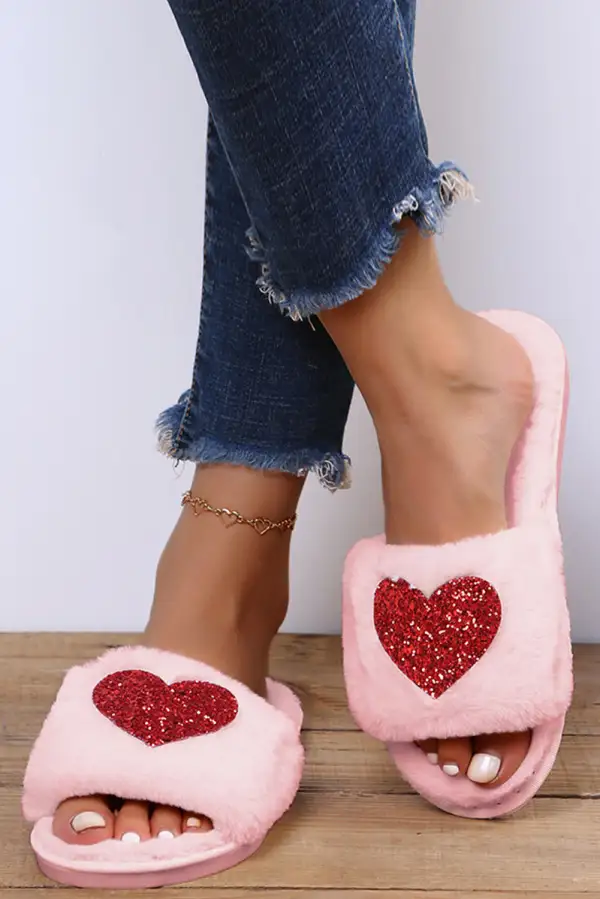 Sequin Heart Plush House Slippers