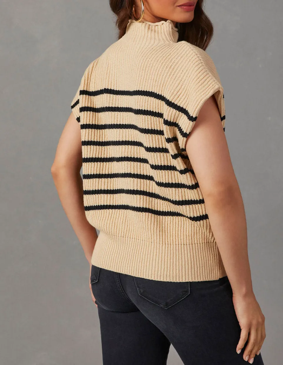 Striped Ribbed Knit High Neck Sweater