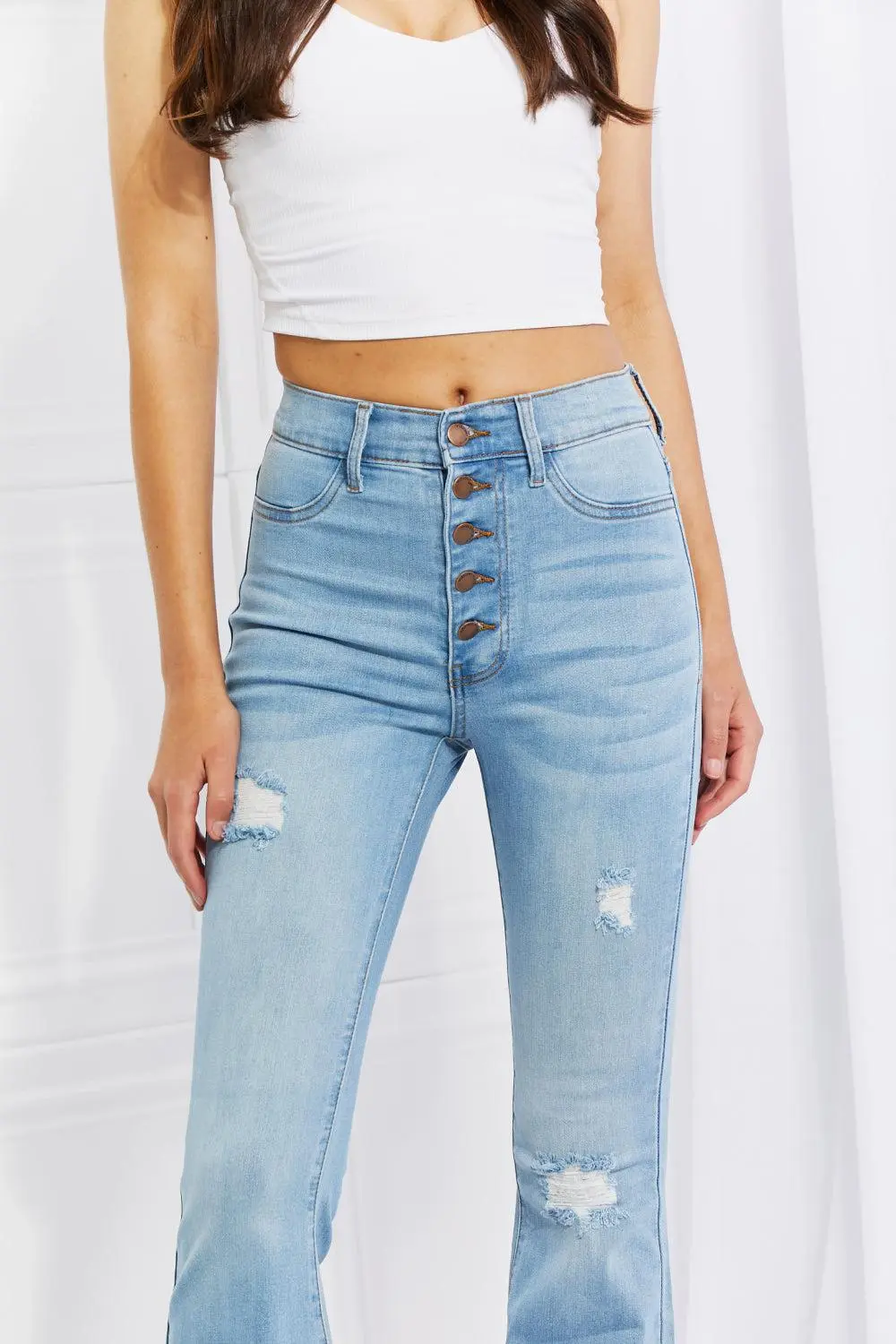 Contoured Flare Leg Button Denim Jeans