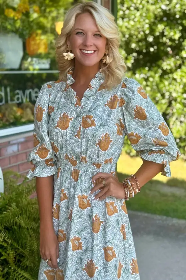 Lightweight Feel Floral Printed V Neck Dress