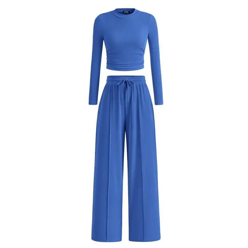 Ribbed Knit Set: Cropped Long-Sleeve Top and Wide-Leg Pants Casual Homewear Set