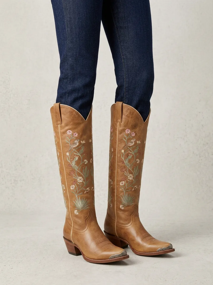 Women's Floral Embroidered Piped Pointed-Toe Block-Heel Stacked-Heel Western Denim Over-the-Knee Boots