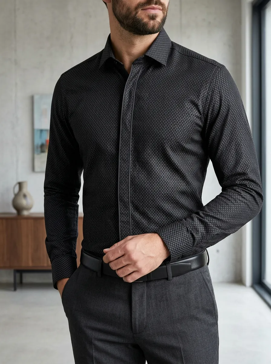 Men's Business Casual Black Geometric Pattern Printed Slim Fit Shirt
