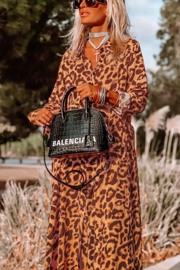 Leopard Button-up Long Sleeve Maxi Dress