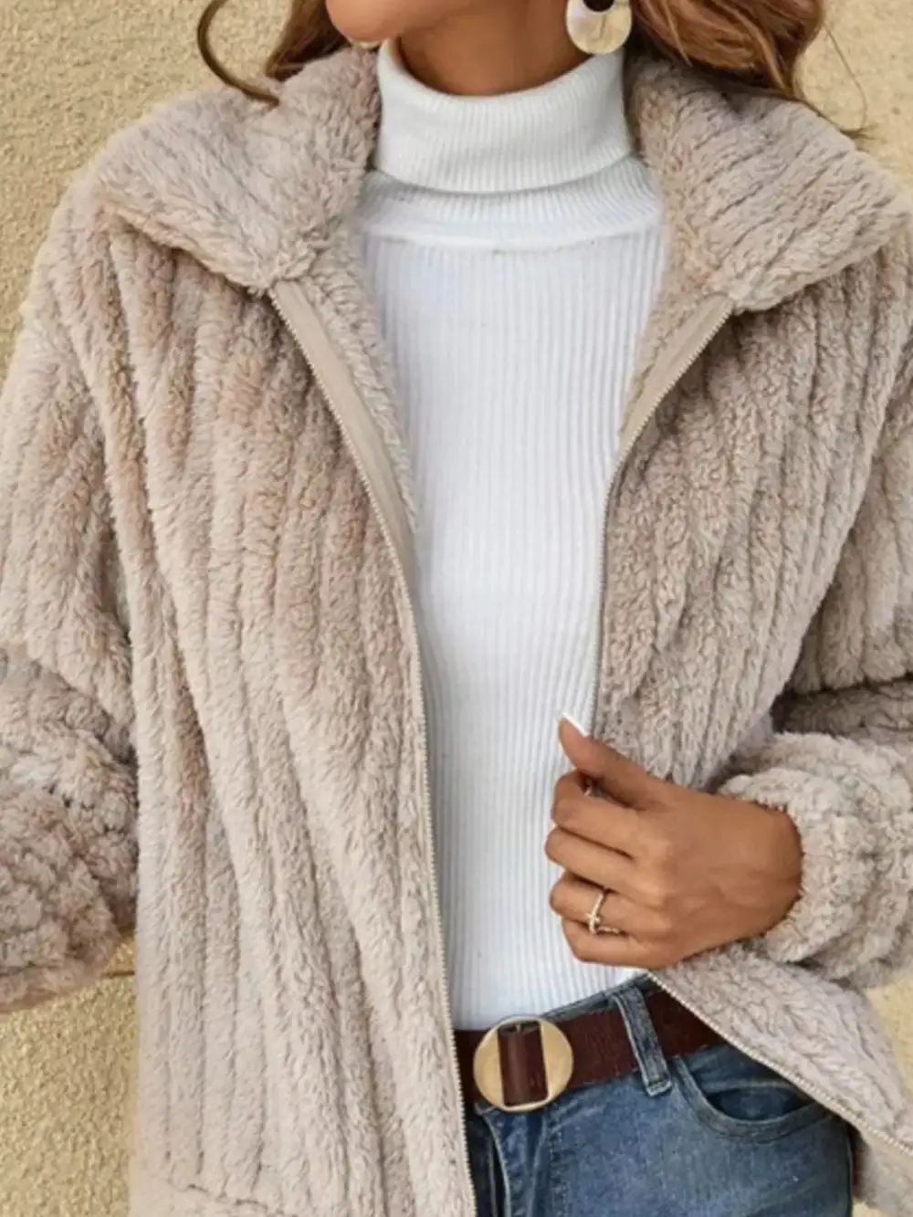 Full Size Zip-up Long Sleeve Texture Jacket Plus Size