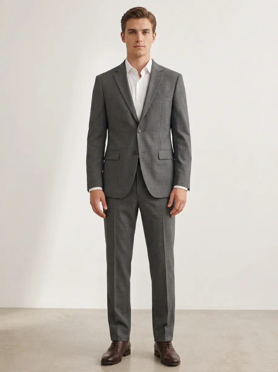 Men's Notched Lapel Business Formal Grey Solid Two-Piece Suit