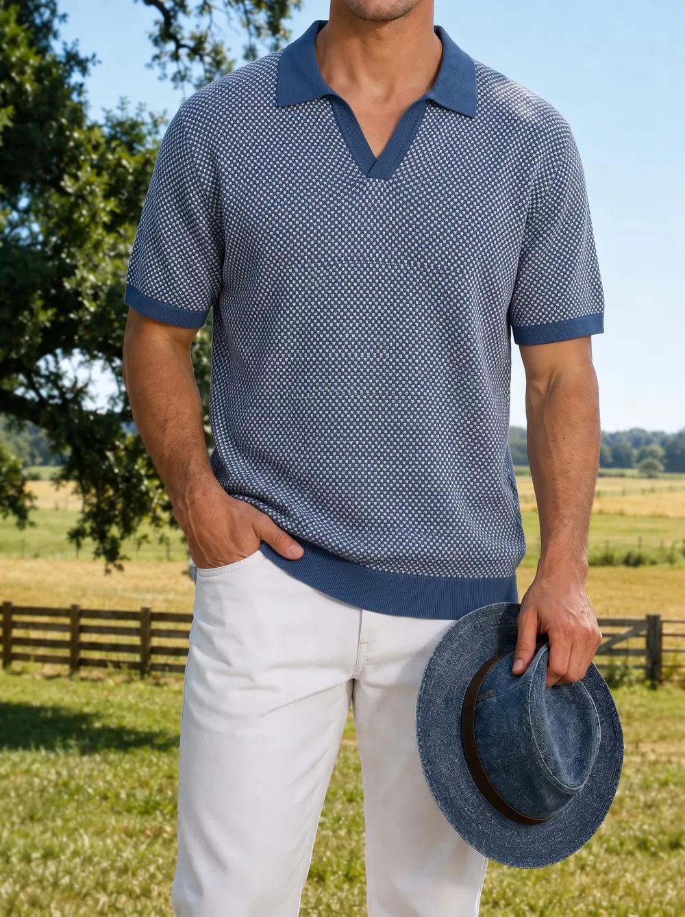 Men's Casual Blue Geometric Pattern Printed Polo Shirt