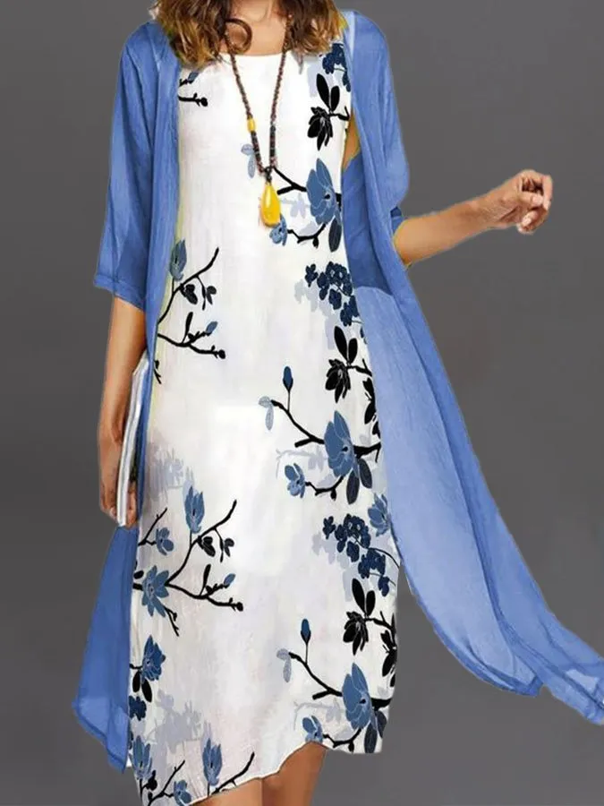 Fashion Floral Print Two Piece Dress