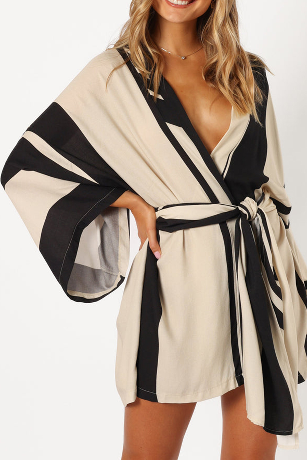 BLACK AND WHITE STRIPES WRAP DRESS