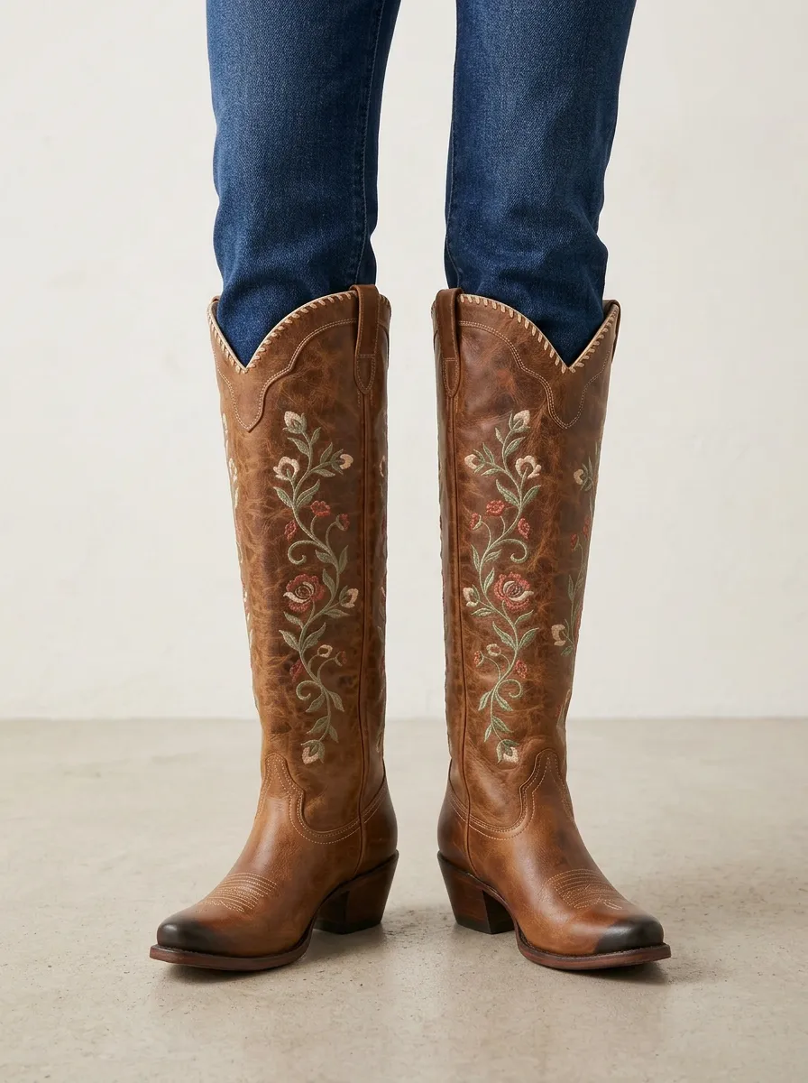 Women's Western Floral Embroidered Pointed-Toe Block-Heel Denim Over-the-Knee Boots