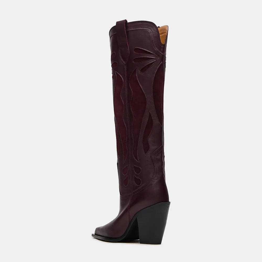 Faux-Suede Faux-Leather Pointed-Toe Block-Heel Knee-Length Western Boots