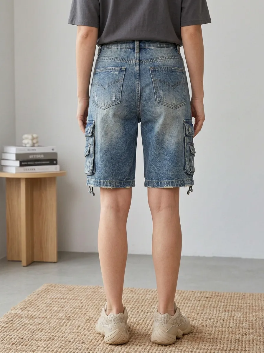 Women's Classic Vintage Distressed Cargo Pocket Cargo Denim Shorts