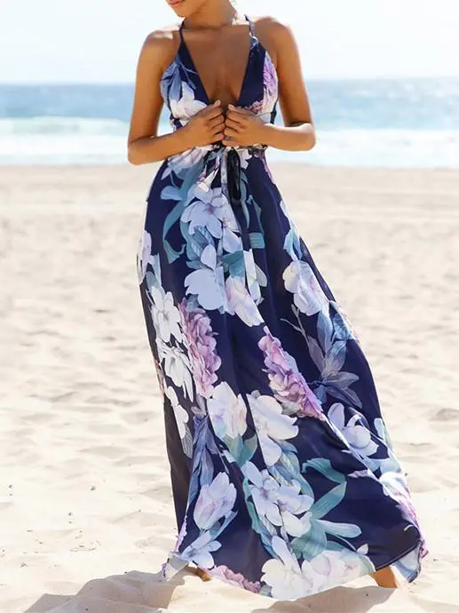 Popular Cotton Floral Printed Off Back Deep V Neck Maxi Dress