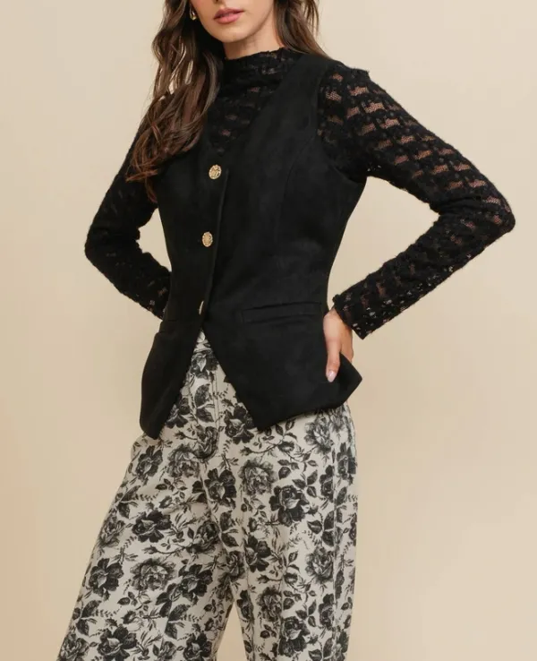 Black Brushed Lace Mock Neck Textured Long Sleeve Tee