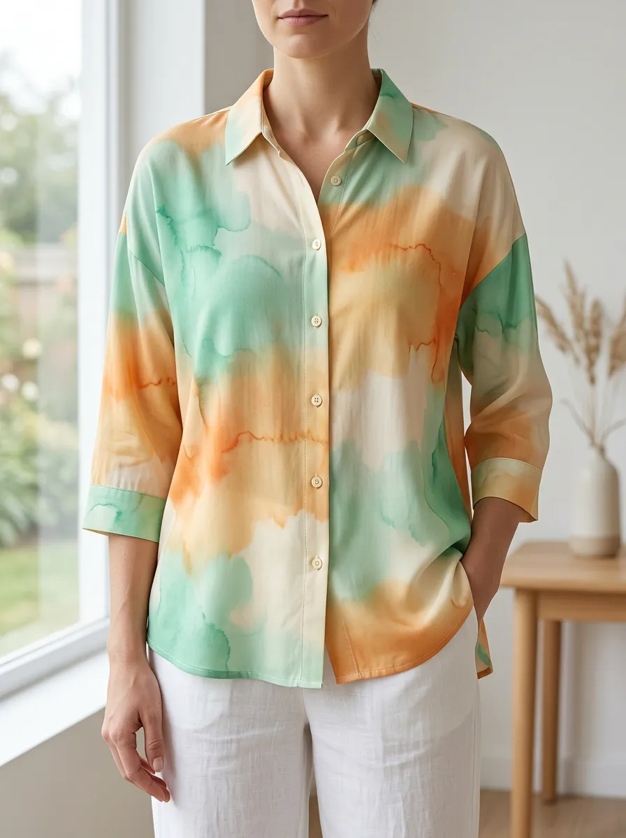 Women's Abstract Watercolor Green Orange Printed Shirt