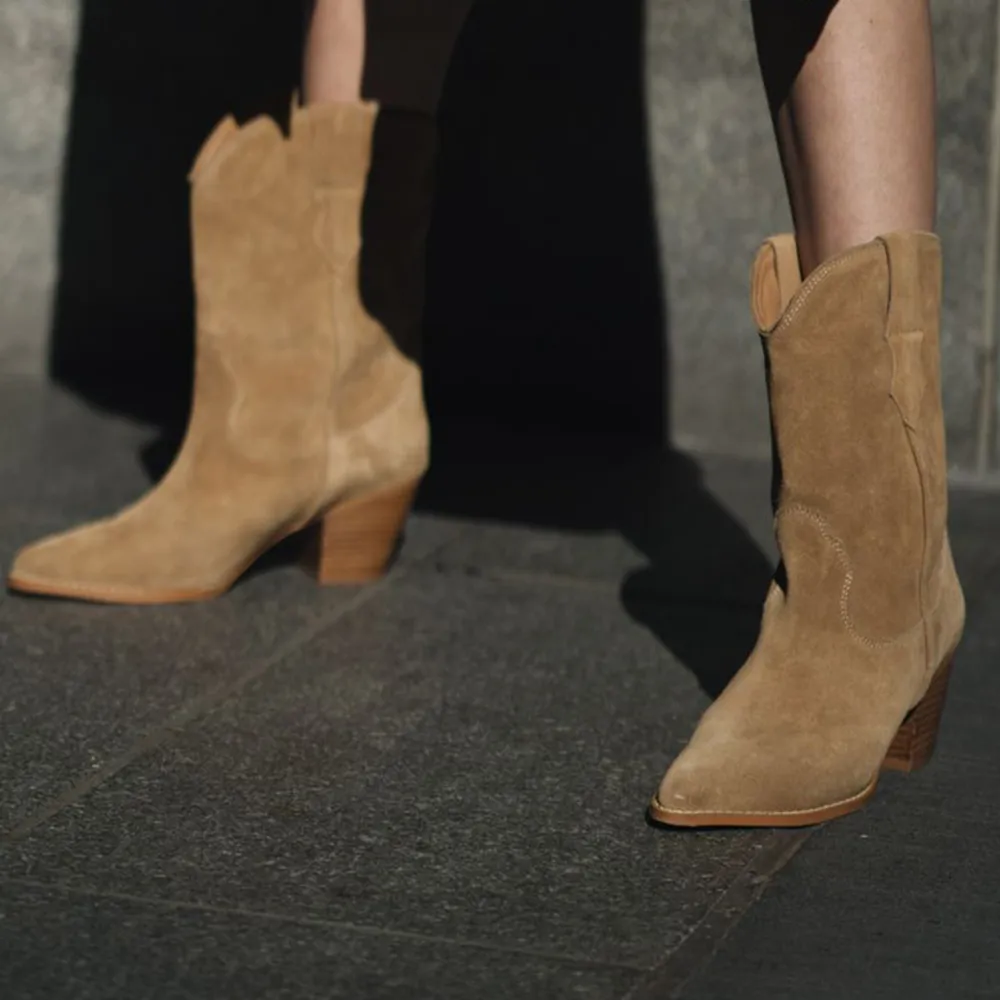 Classic Faux-Suede Pointed-Toe Chunky-Heel Platform Western Boots