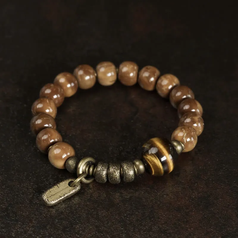 Kuka Seed Tiger Eye Obsidian Brass Copper Bracelet
