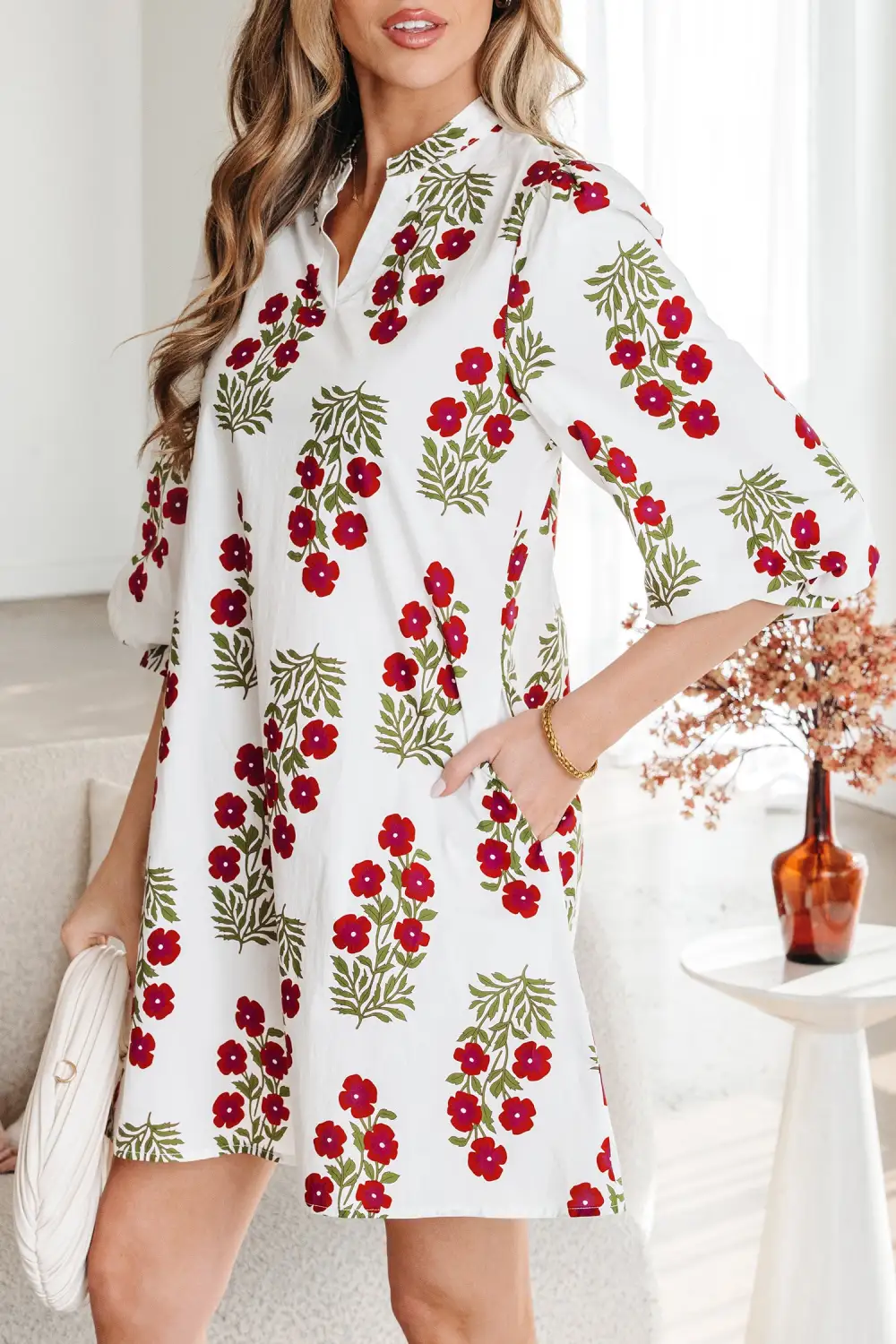 Wearable Cut Floral Printed V Neck Mini Dress