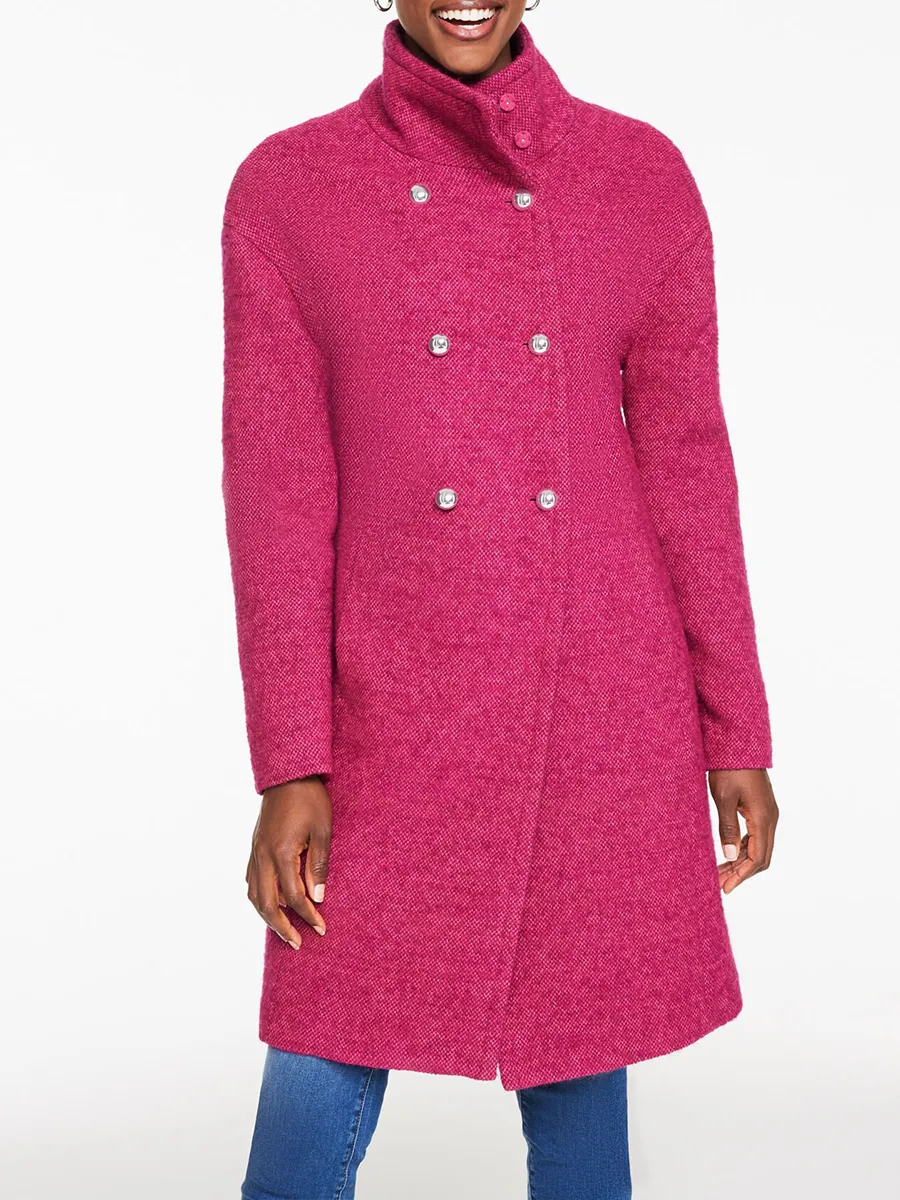 Women's Solid Color Fashionable Textured Double Breasted Coat