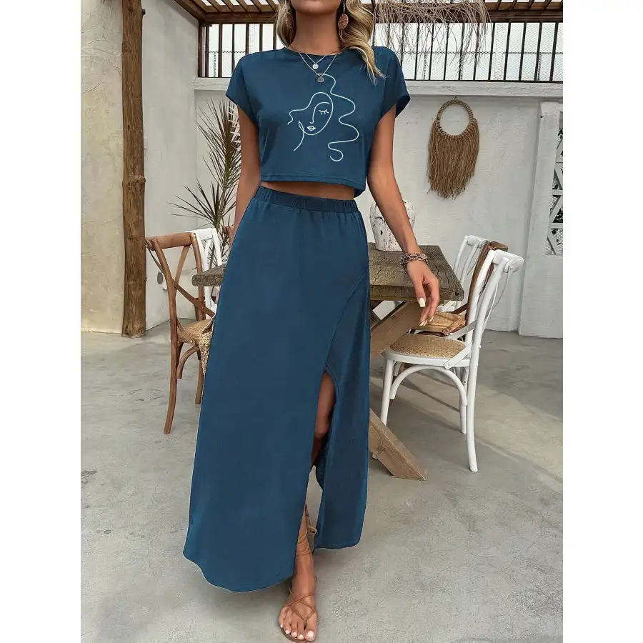 Round Neck Short Sleeve Top and Skirt Set