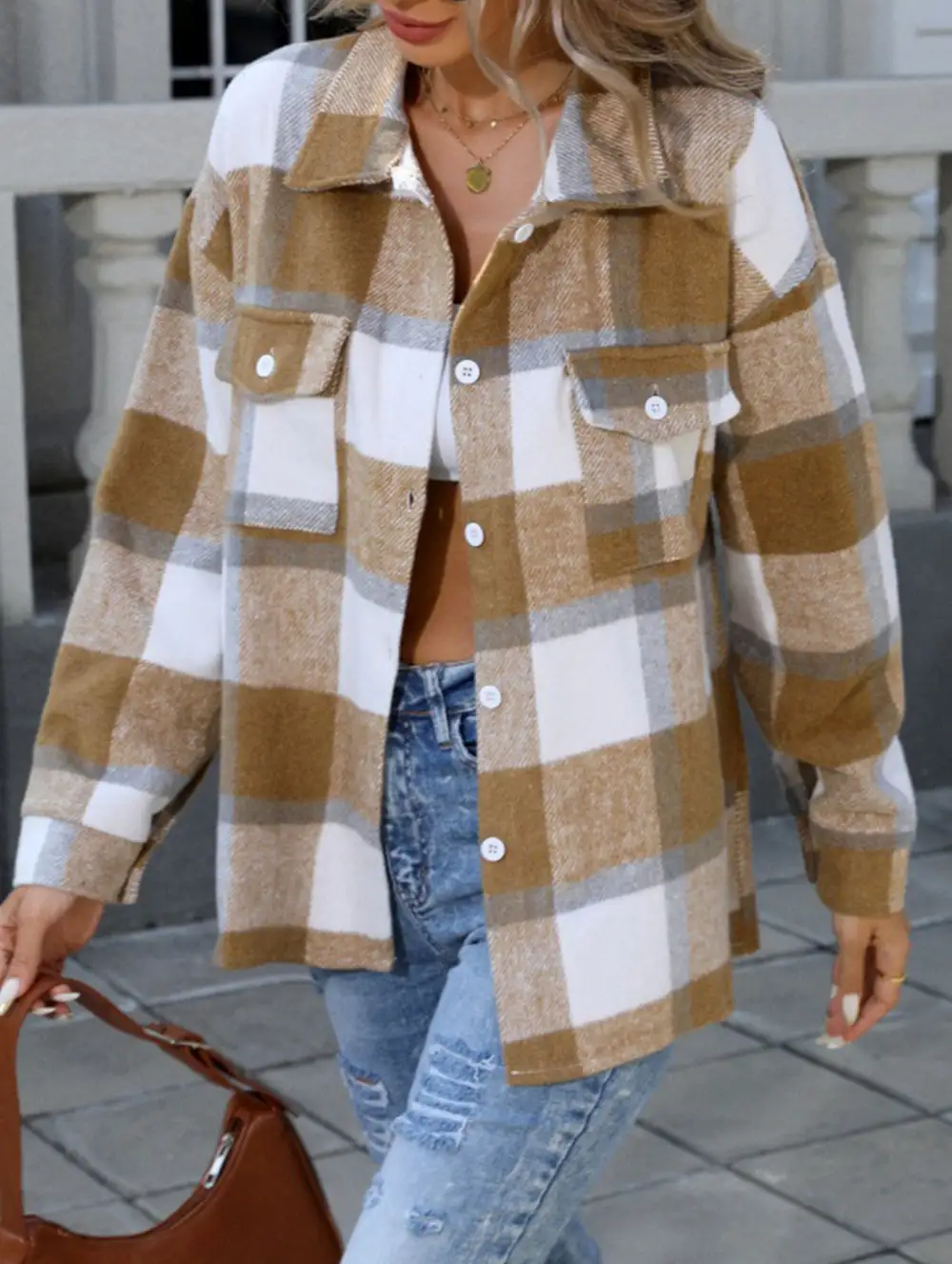 Button Detail Plaid Loose-Fitting Shirt