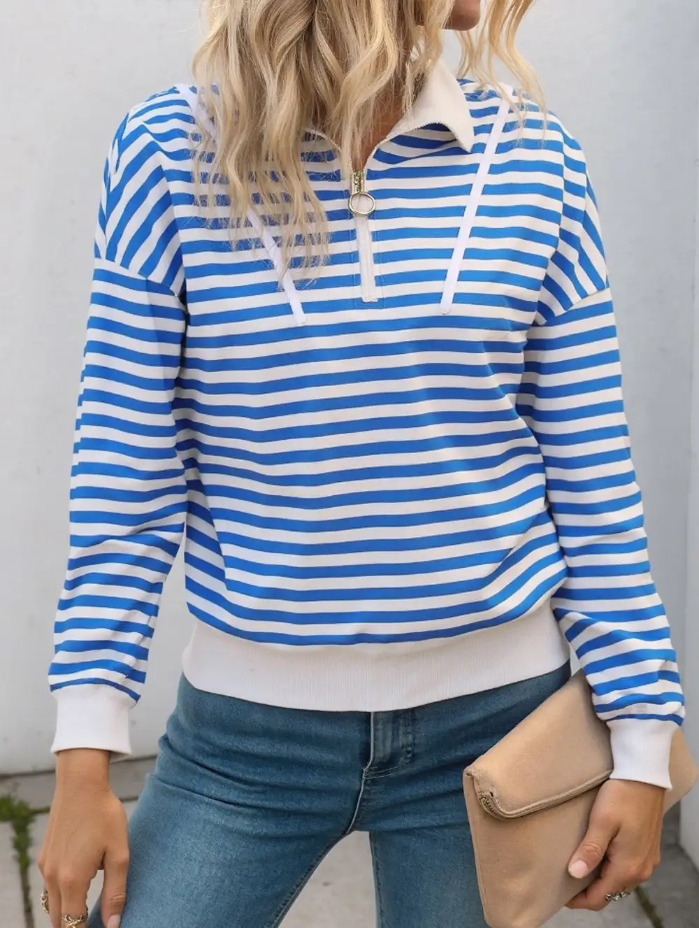 Striped Button Collar Sweatshirt