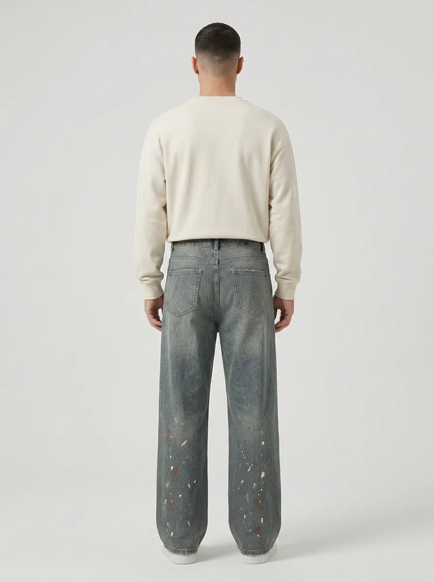 Men's Paint Splatter Vintage Wide Leg Jeans