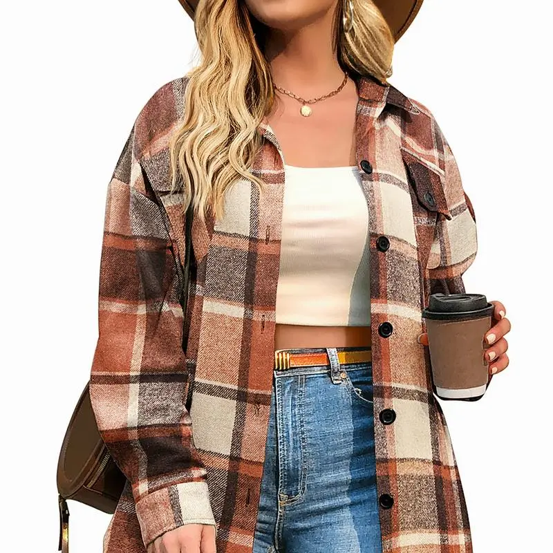 Women's Plus Size Shacket Jacket Flannel Plaid Long Sleeve Button Down Shirts Casual Fall Blouses Tops Winter Coats Winter Holiday