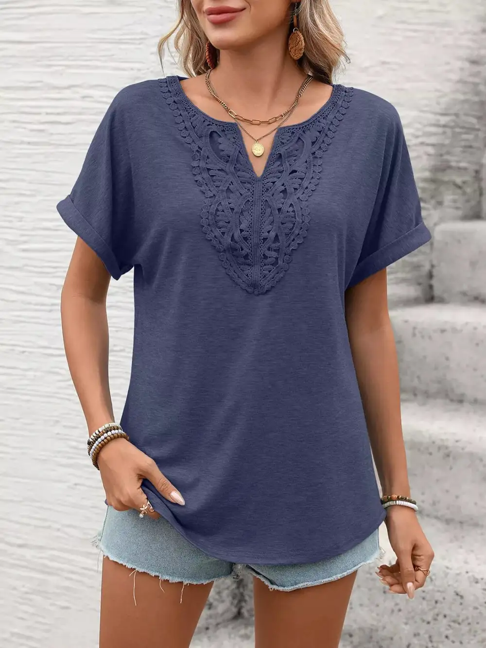 Lace Trim Detail Short Sleeve T-Shirt