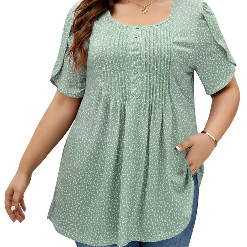 Women's Plus Size Summer Waist-Cinching Top with Round Neck and Printed Casual Short Sleeves