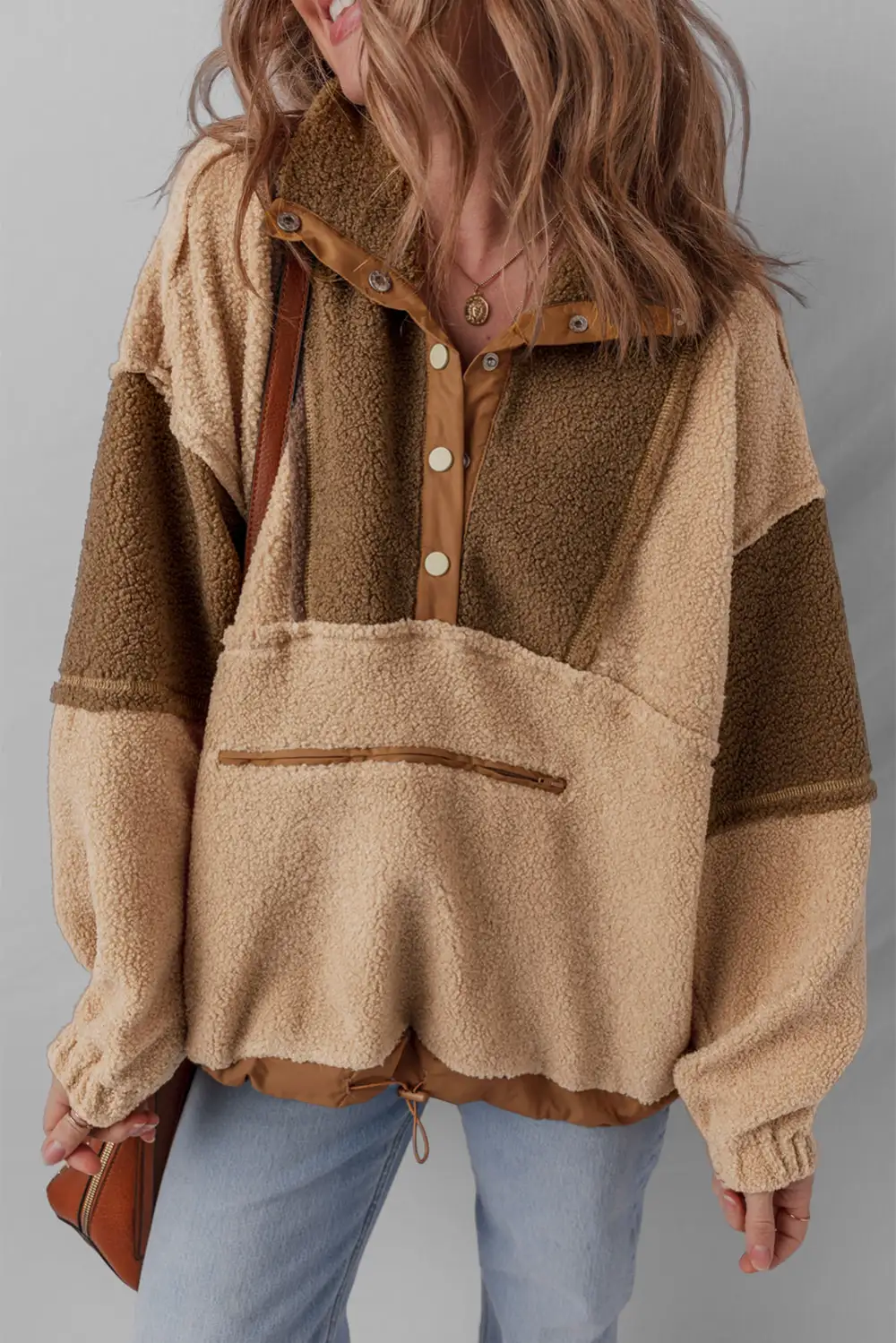Patchwork Sherpa Half Button Sherpa Sweatshirt