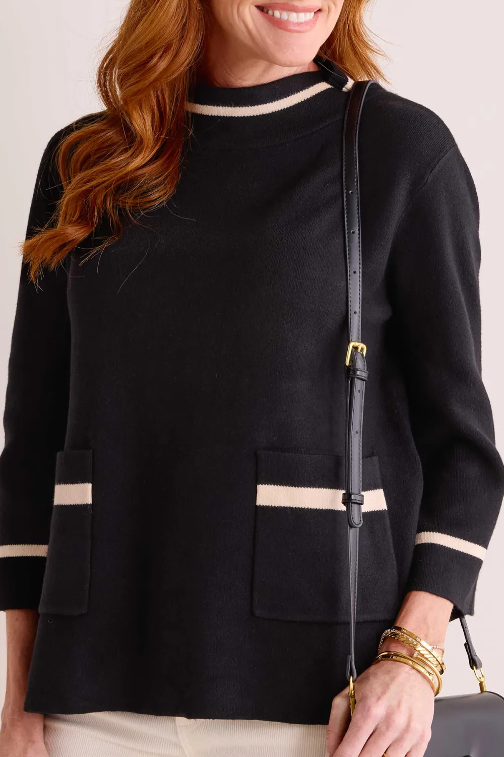 Black Mock Neck Patch Pockets Contrast Trim Sweater