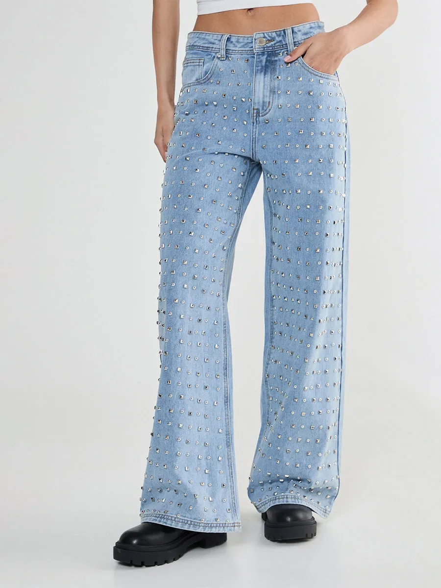 Women's Stylish Metal Stud Decoration Light Blue Wide-Leg Pants