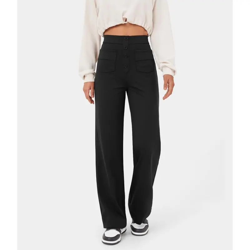 High Waisted Pockets Straight Leg Casual Pants