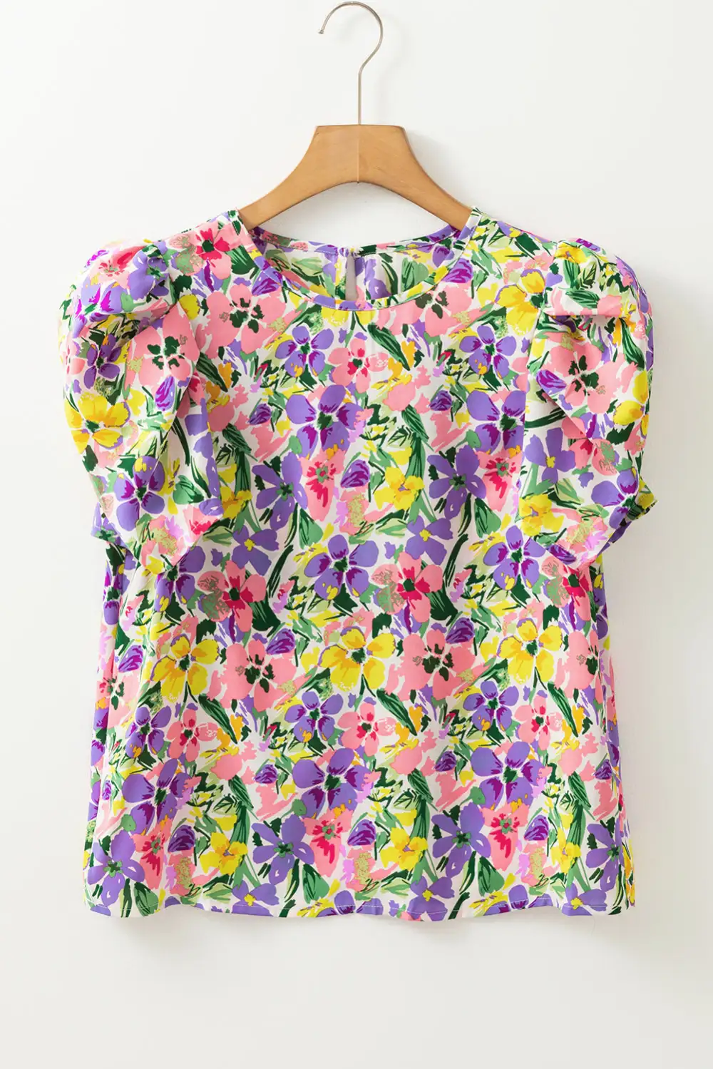 Floral Crew Neck Puff Sleeve Blouse
