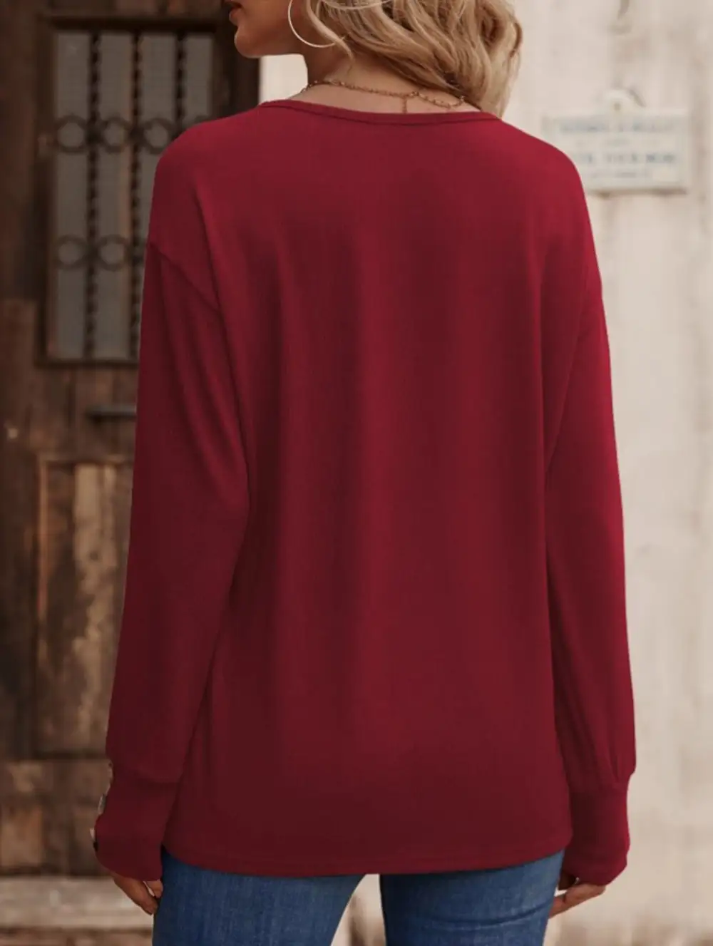 V Neck Button Loose Long Sleeve Tee