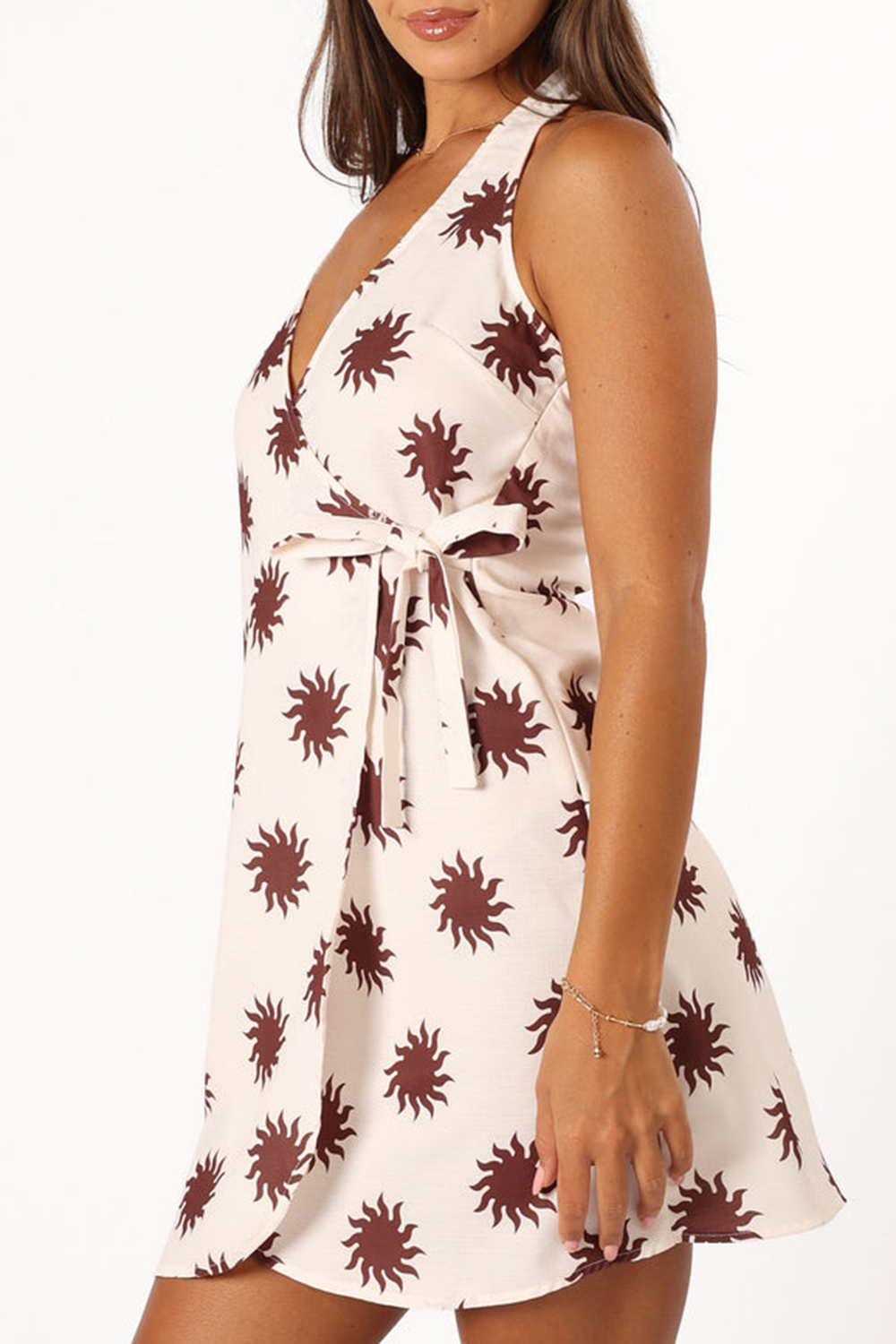 CREAM STRAPS WRAP MINI DRESS