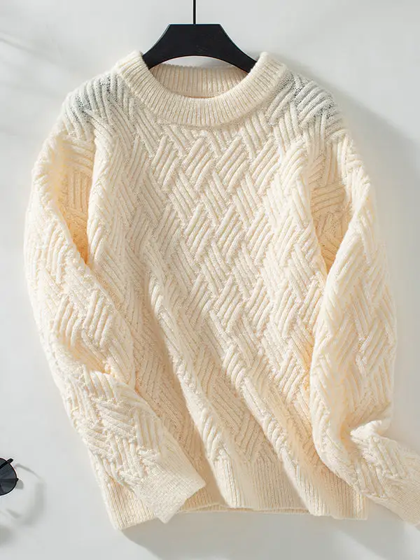 Paneled Round Neck Long Sleeve Relaxed Fit Pullover Sweater