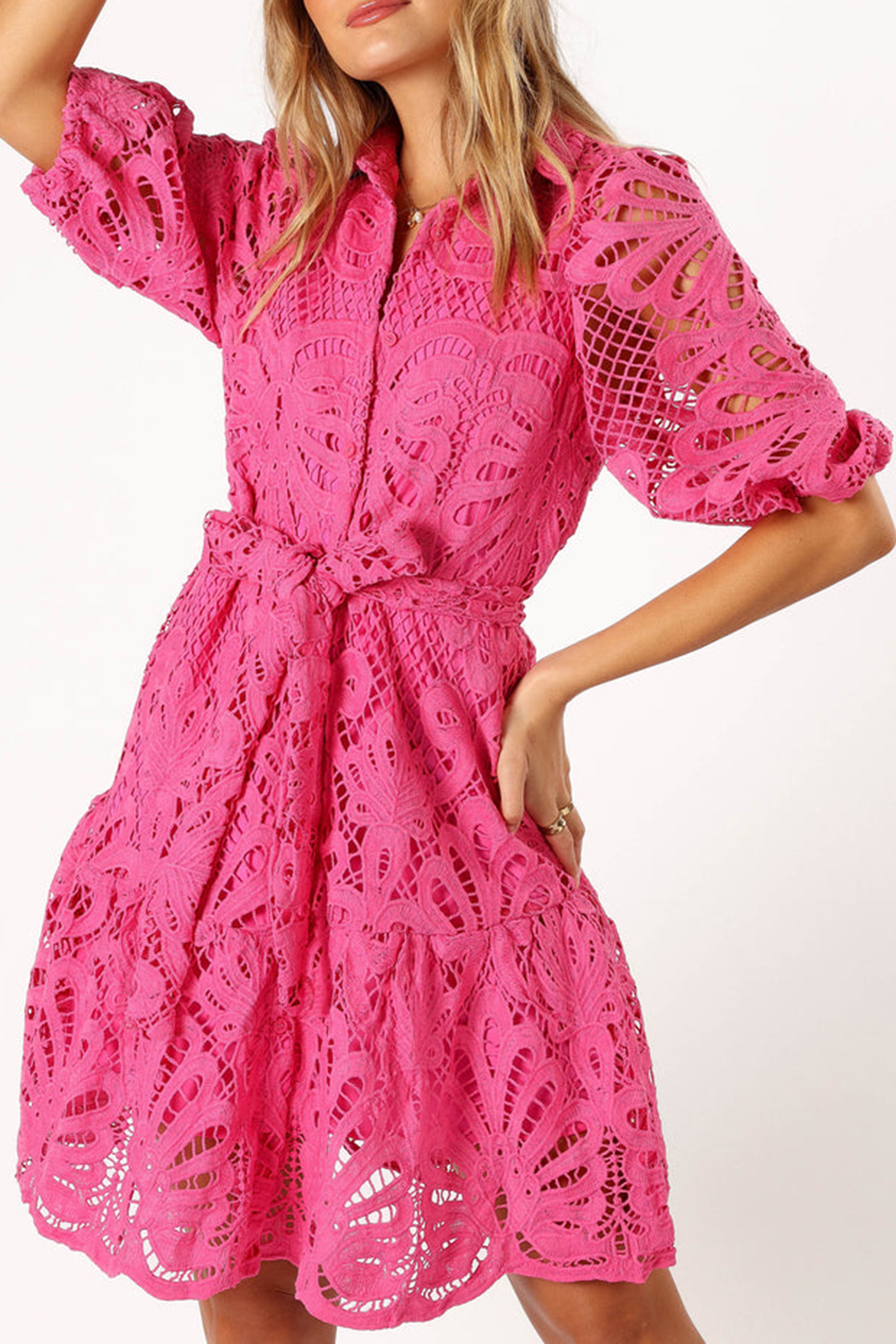 PINK HOLLOW LONG SLEEVE MINI DRESS