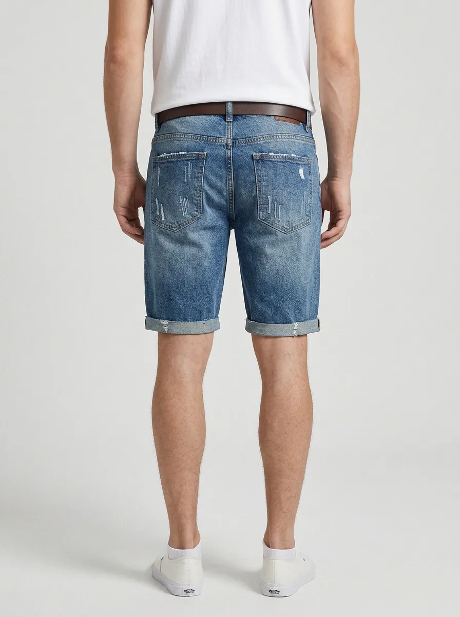 Men's Distressed Raw Hem Distressed Denim Shorts