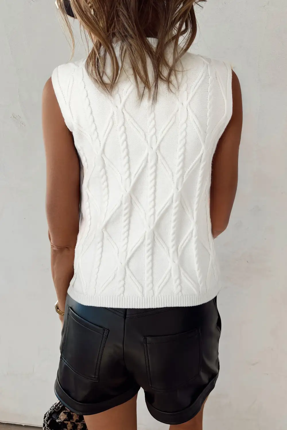 Pearled High Neck Textured Knit Sweater Vest