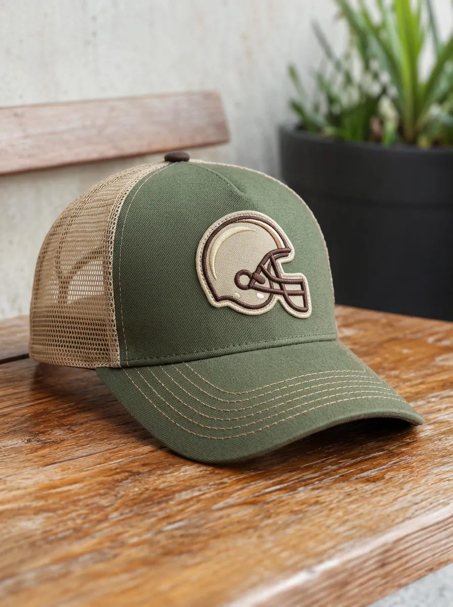 Men's Football Fan Olive Green Helmet Embroidered Mesh Trucker Hat