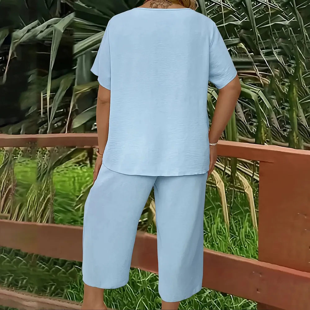 Women's Short Sleeve Fashion Top & Casual Wide Leg Pants Set