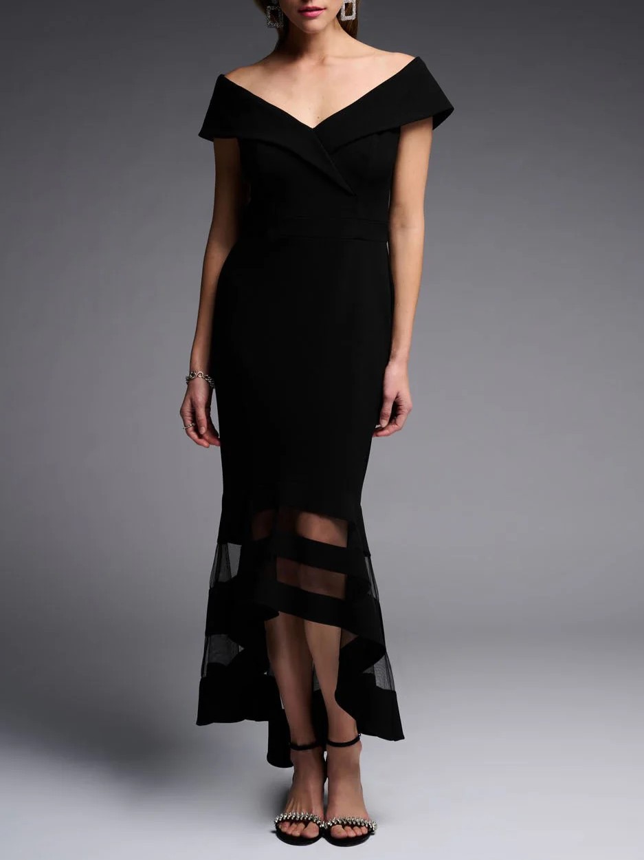 Off - Shoulder Black Mesh - Paneled Dress