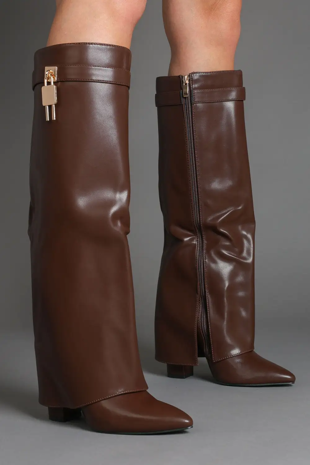 Slouch Fold-Over Padlock Detail Pointed Toe Knee High Boots
