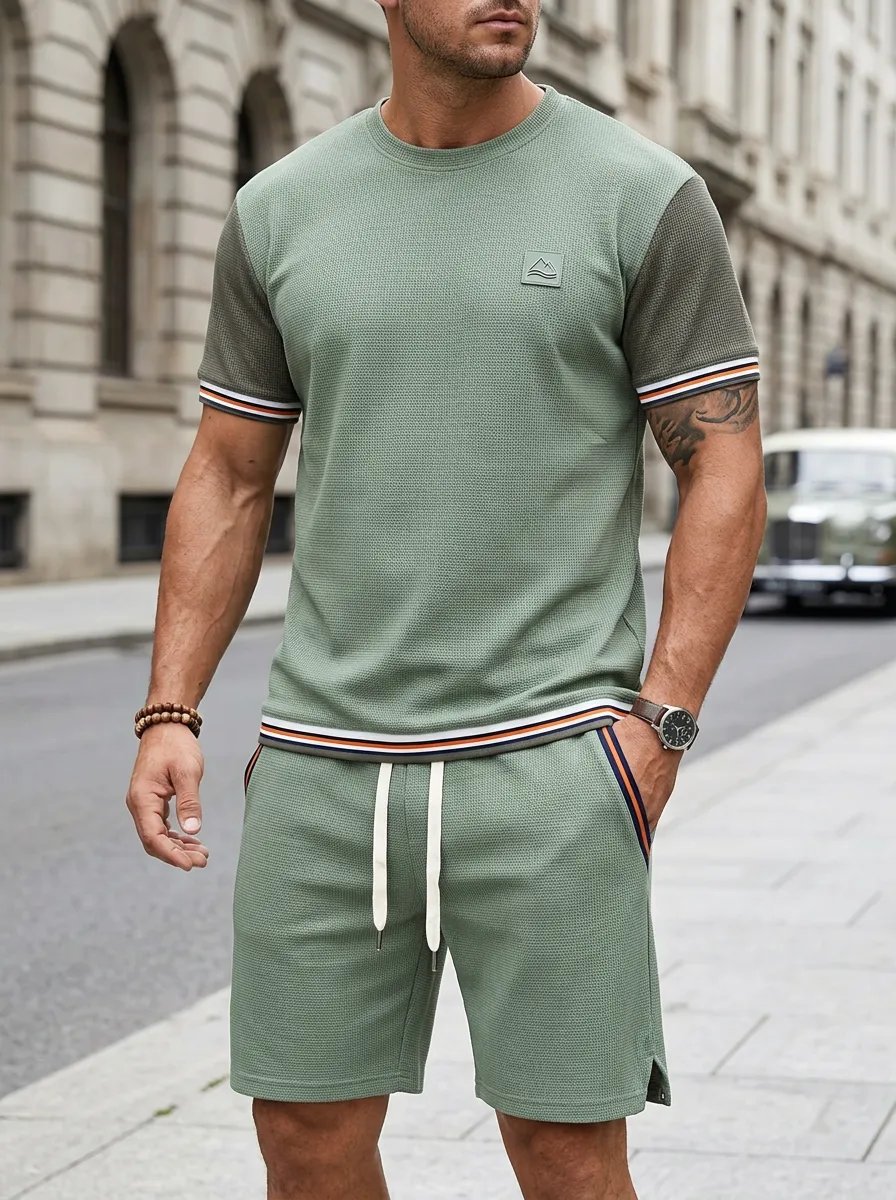 Everyday Waffle Texture Mountain Graphic Edit Men's T-Shirt And Shorts Set