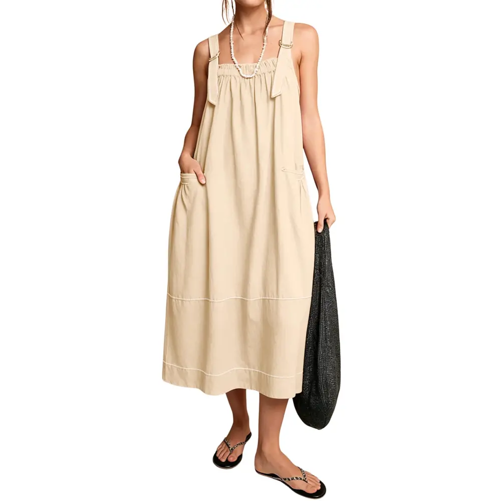 Women's Barrel Midi Dress Sleeveless Strappy Maxi Dress with Big Pockets & Adjustable Straps Minimalist Basic Casual Fall Dress